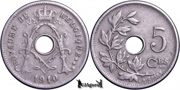 1910, 5 Centimes - Albert I - Regatul Belgiei - inscripție franceză