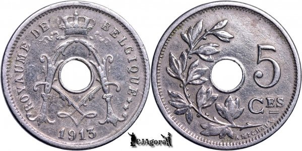 1913, 5 Centimes - Albert I - Regatul Belgiei - inscripție franceză