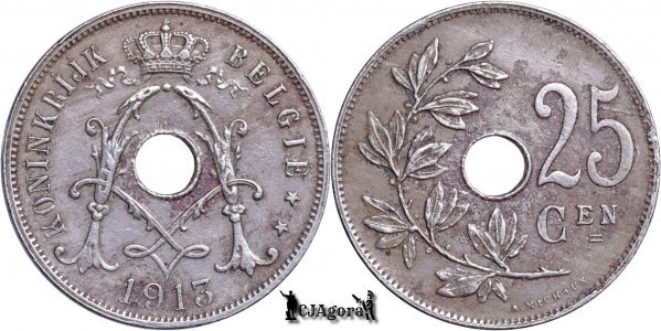 1913, 25 Centimes - Albert I - Regatul Belgiei - inscripție franceză
