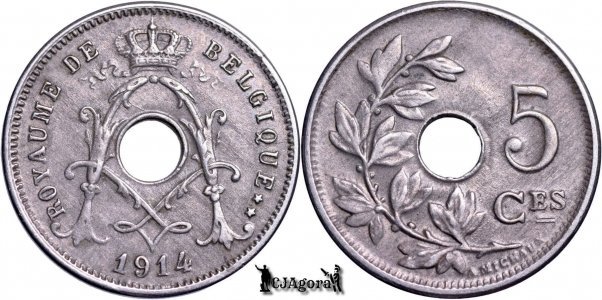 1914, 5 Centimes - Albert I - Regatul Belgiei - inscripție franceză