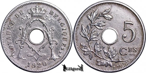 1920, 5 Centimes - Albert I - Regatul Belgiei - inscripție franceză