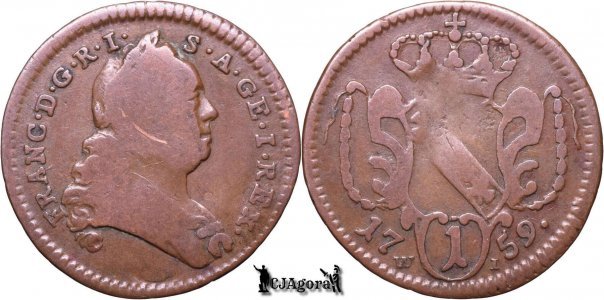 1759 WI, 1 Heller - Francisc I - Arhiducatul Austriei - var. cu punct