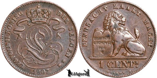 1907, 1 Centime - Leopold al II-lea - Regatul Belgiei - inscripție olandeză - suprabatere dată