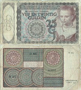 1943 (6 Octombrie), 25 gulden (P-60a.1) - Țările de Jos