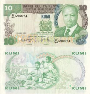 1987 (1 Iulie), 10 shillings (P-20f) - Kenya