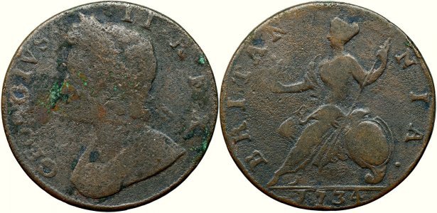 1734, ½ penny - George al II-lea - Regatul Marii Britanii