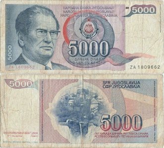 1985 (1 Mai), 5.000 dinara (P-93r) - Iugoslavia