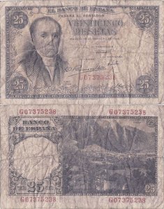 1946 (19 Februarie), 25 pesetas (P-130a.1) - Spania