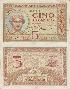 1937, 5 francs (P-35a.2) - Madagascar