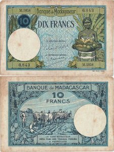 1937, 10 francs (P-36a.3) - Madagascar