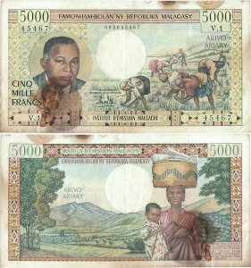 1966, 5,000 francs (P-60a) - Madagascar