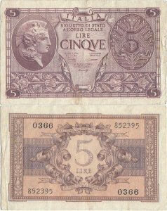 1944 (23 November), 5 lire (P-31b) - Italy
