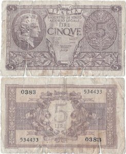 1944 (23 Noiembrie), 5 lire (P-31b) - Italia