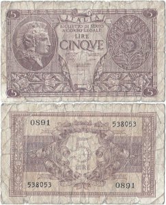 1944 (23 Noiembrie), 5 lire (P-31c) - Italia