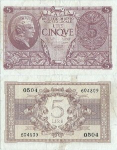 1944 (23 Noiembrie), 5 lire (P-31c) - Italia