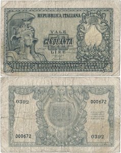 1951 (31 Decembrie), 50 lire (P-91a) - Italia