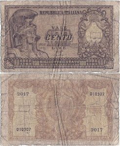 1951 (31 Decembrie), 100 lire (P-92a) - Italia