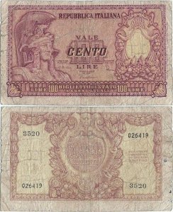 1951 (31 December), 100 lire (P-92b) - Italy