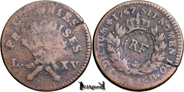 1767 (1793), 3 Sols 9 Deniers - 12 Deniers contramarcați ai lui Ludovic al XV-lea - Guadeloupe - Imperiul colonial Francez