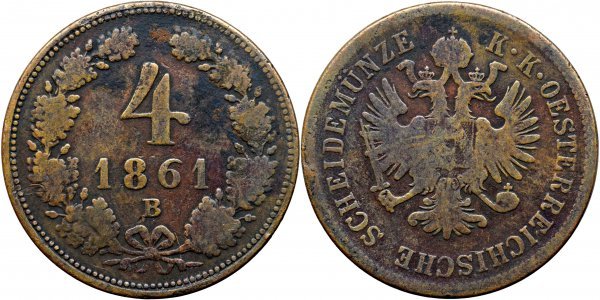 1861 B (Kremnica), 4 kreuzer - Franz Joseph - Habsburg Empire