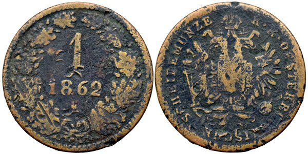 1862 E (Karlsburg / Alba Iulia), 1 kreuzer - Franz Joseph - Imperiul Habsburgic