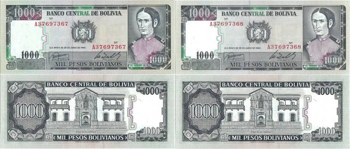 1982 (25 Iunie), 1,000 pesos bolivianos (P-167a.1) - Bolivia (×2)