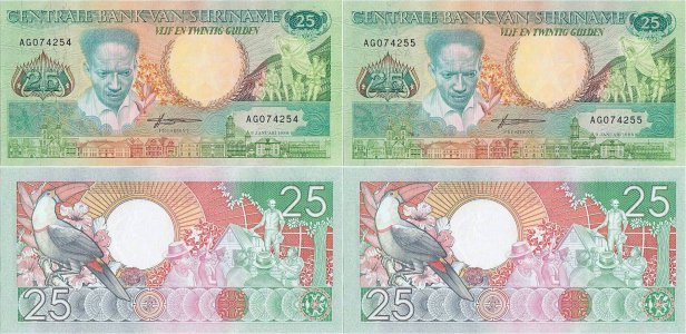 1988 ( 9 Ianuarie), 25 gulden (P-132b) - Surinam (×2)