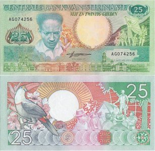1988 ( 9 Ianuarie), 25 gulden (P-132b) - Surinam