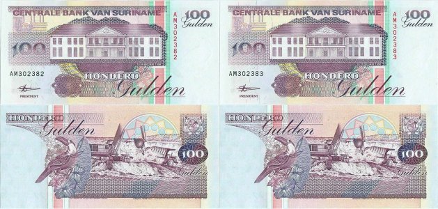 1998 (10 Februarie), 100 gulden (P-139b) - Surinam (×2)