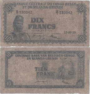 1959 (15 Septembrie), 10 francs (P-30b.10) - Congo Belgian
