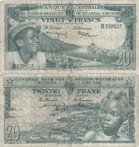 1956 (1 Decembrie), 20 francs (P-31a.1) - Congo Belgian