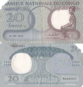 1962 (15 Septembrie), 20 francs (P-4a.7) - Congo