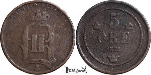 1875, 5 Öre - Oscar II (small letters) - Suedia