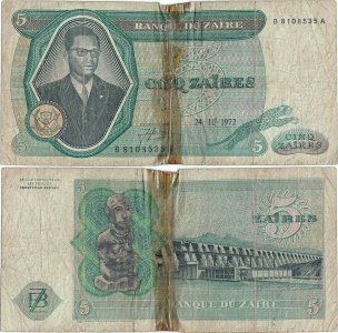 1972 ( 24 Noiembrie), 5 zaïres (P-20a) - Zair