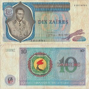 1975 (30 iunie) , 10 zaïres (P-23a.3) - Zair