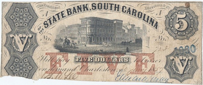 1853, 5 Dollars (SC-40-G22a) - State Bank, South Carolina - Charleston, Carolina de Sud - SUA