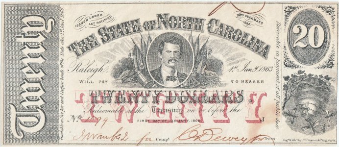 1863 (Ianuarie 1), 20 Dollars (NC-CR-119) - Raleigh, Carolina de Nord - SUA