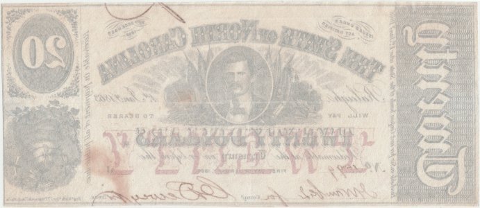 1863 (Ianuarie 1), 20 Dollars (NC-CR-119) - Raleigh, Carolina de Nord - SUA