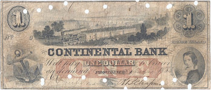 1863, 1 Dollar - punch cancellation -The Continental Bank - Providence, Rhode Island - SUA