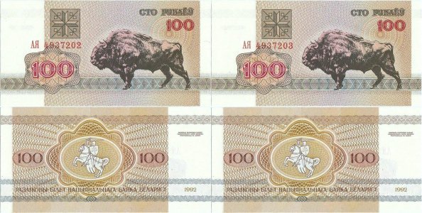 1992, 100 rubles (P-8) - Belarus (×2)