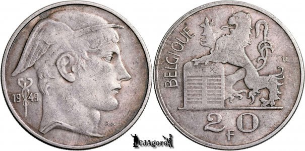1949, 20 Francs - Leopold al III-lea - Regatul Belgiei | text francez | KM 140.1