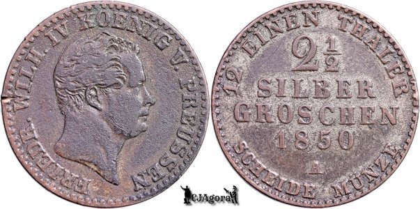 1850 A, 2½ Silbergroschen - Frederic Vilhelm al IV-lea - Regatul Prusiei | KM 444