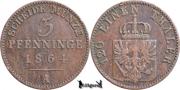 1864 A, 3 Pfenninge - Vilhelm I - Regatul Prusiei | KM 482