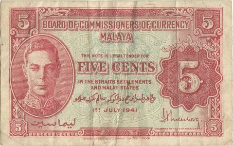 1941 (1945), 5 cents (P-7a) - Malaya