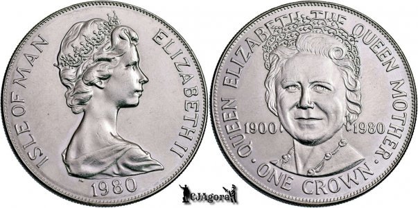 1980 PM, 1 Crown - Elisabeta a II-a - Regina Mamă - Insula Man - Teritoriile Britanice de peste mări | KM 68