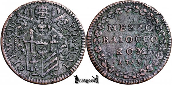 1758 I, ½ Baiocco - Clement al XIII-lea - Statele Papale | KM 1183.2