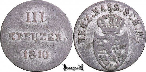 1810, 3 Kreuzer - Frederic Augustus & Frederic Wilhelm | Ducatul Nassau | KM 30