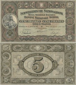 1922 (1 Iulie), 5 franken/francs/franchi (P-11f.3) - Elveţia