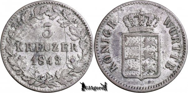 1843, 3 Kreuzer - Vilhelm I - Regatul Württemberg | KM 591