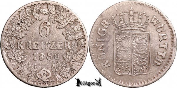 1850, 6 Kreuzer - Wilhelm I - Regatul Württemberg - fals contemporan, rebatere